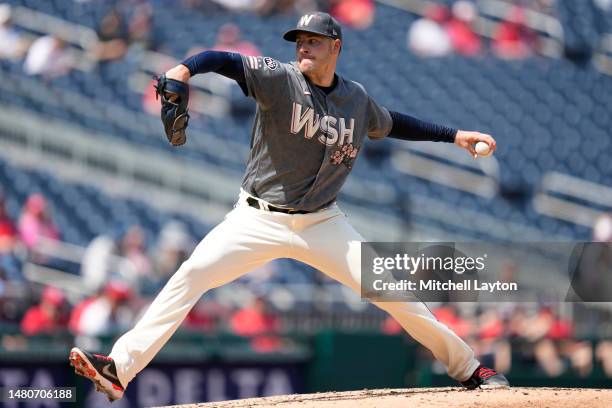 Patrick Corbin of the Washington Nationals pitches during a baseball game against the Tampa Bay Rays at Nationals Park on April 5, 2023 in...