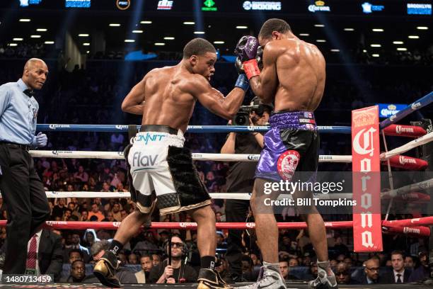 January 20: Errol Spence Jr defeats Lamont Peterson by RTD in the 10th round in their Championship Welterweight fight at the Barclay Center in...