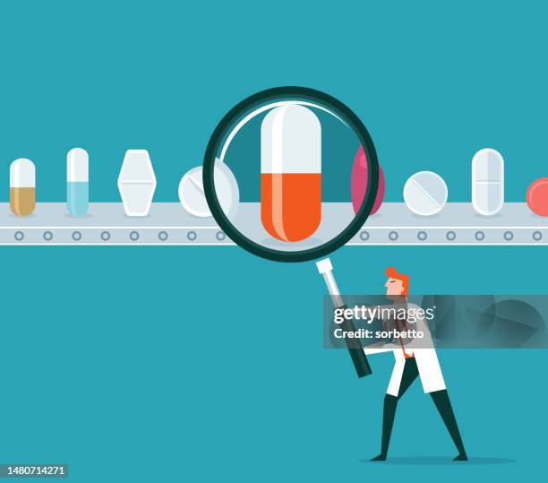 magnifying glass - pill - opiates stock illustrations