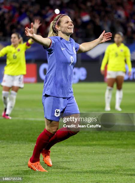 Eugenie Le Sommer of France celebrates her goal during the international women's friendly match between France and Colombia at Stade Gabriel Montpied...
