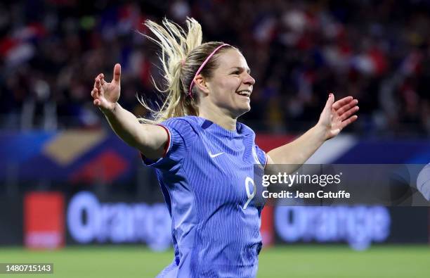 Eugenie Le Sommer of France celebrates her goal during the international women's friendly match between France and Colombia at Stade Gabriel Montpied...