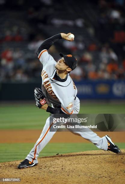 Clay Hensley of the San Francisco Giants pitches against the Los Angeles Angels of Anaheim at Angel Stadium of Anaheim on June 19, 2012 in Anaheim,...