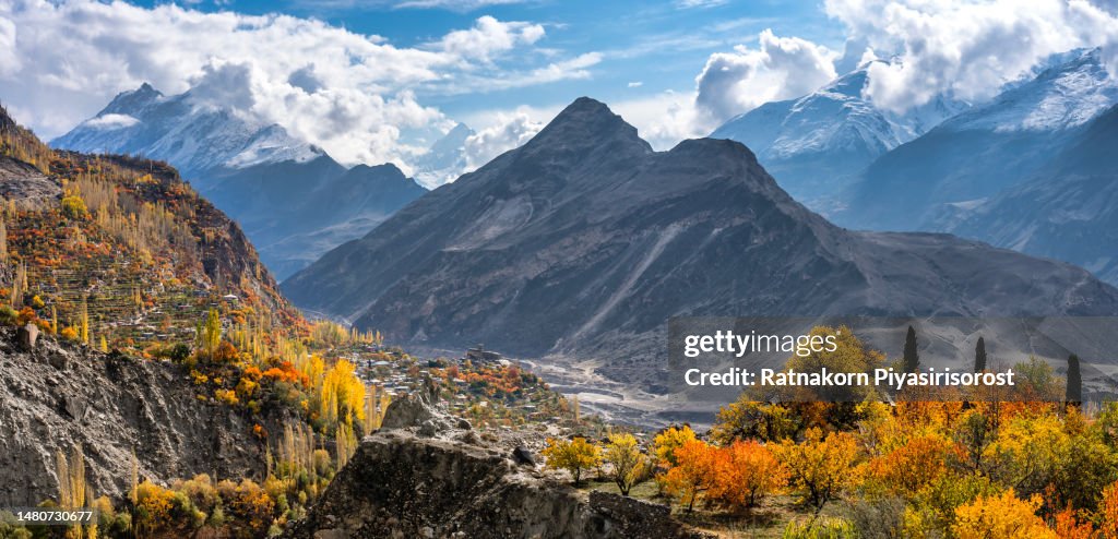 Autumn Landscape of Hunza Valley with River and Karakoram Range Mountain, Hunza Valley, Gilgit-Baltistan, north Pakistan.