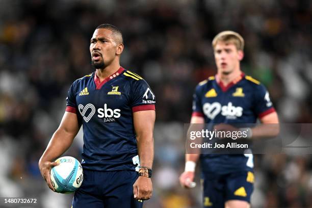 Folau Fakatava of the Highlanders looks on during the round seven Super Rugby Pacific match between Highlanders and Hurricanes at Forsyth Barr...