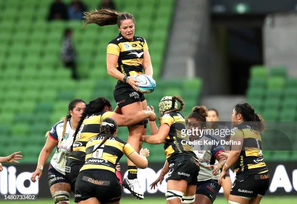 Michaela Leonard of the Force wins a line-out ball during the Super W match between Melbourne Rebels Women and Western Force at AAMI Park, on April...