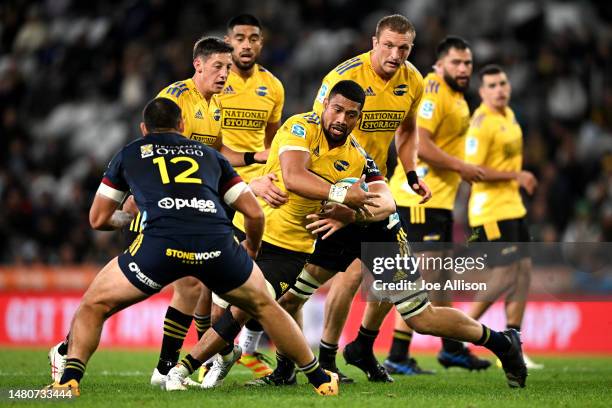 Ardie Savea of the Hurricanes charges forward during the round seven Super Rugby Pacific match between Highlanders and Hurricanes at Forsyth Barr...