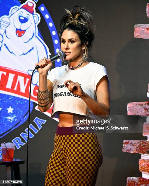 Comedian Brittany Furlan performs at The Ice House Comedy Club on April 07, 2023 in Pasadena, California.
