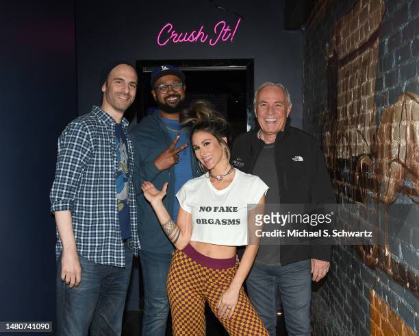 Comedians Brian Monarch, Mateen Stewart, Brittany Furlan and Ice House owner Johnny Buss pose at The Ice House Comedy Club on April 07, 2023 in...