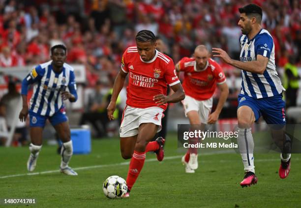 David Neres of Benfica in action during the Liga Portugal Bwin match between SL Benfica and FC Porto at Estadio da Luz on April 7, 2023 in Lisbon,...