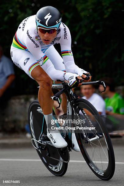 World Champion Tony Martin of Germany riding for Omega Pharma-Quickstep races to 12th place in the individual time trial on stage nine of the 2012...