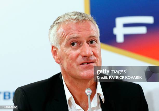 Newly-named coach of the French national football team Didier Deschamps gives a press conference on July 9, 2012 at the FFF headquarters in Paris....