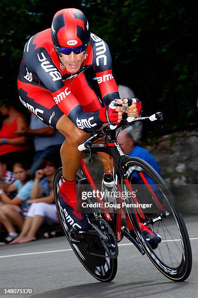 George Hincapie of the USA riding for BMC Racing races to 63rd place in the individual time trial in stage nine of the 2012 Tour de France from...