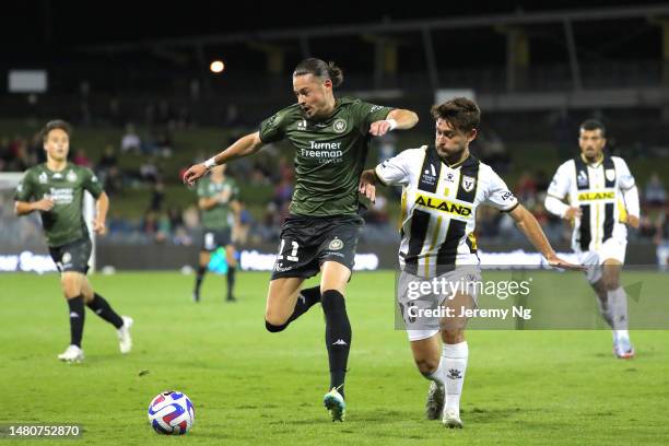 Amor Layouni of the Wanderers and Ivan Vujica of the Bulls challenge for the ball during the round 23 A-League Men's match between Macarthur FC and...