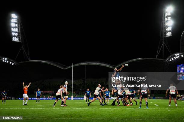 General view of play as players contest for a line out during the round seven Super Rugby Pacific match between Melbourne Rebels and Blues at AAMI...