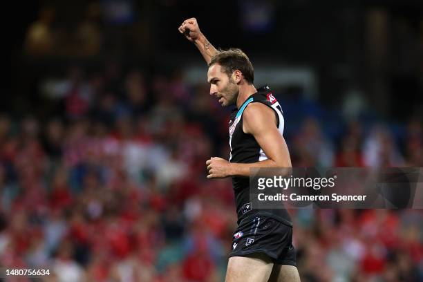 Jeremy Finlayson celebrates kicking a goal during the round four AFL match between Sydney Swans and Port Adelaide Power at Sydney Cricket Ground, on...
