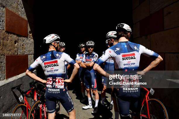 Dries Devenyns of Belgium, Andrea Bagioli of Italy and Mauro Schmid of Switzerland and Team Soudal Quick-Step prior to the 62nd Itzulia Basque...