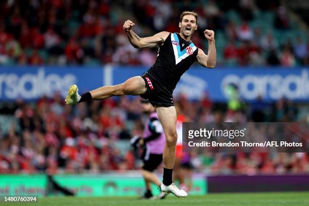 Jeremy Finlayson of Port Adelaide celebrates kicking a goal during the round four AFL match between Sydney Swans and Port Adelaide Power at Sydney...