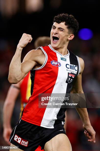 Anthony Caminiti of the Saints celebrates a goal during the round four AFL match between St Kilda Saints and Gold Coast Suns at Marvel Stadium, on...