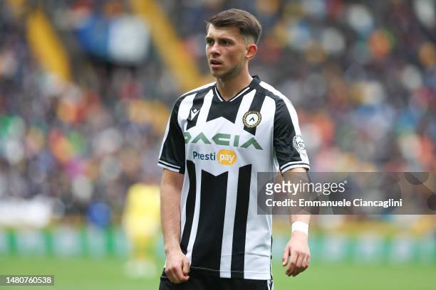 Lazar Samardzic of Udinese Calcio looks on during the Serie A match between Udinese Calcio and AC Monza at Dacia Arena on April 08, 2023 in Udine,...