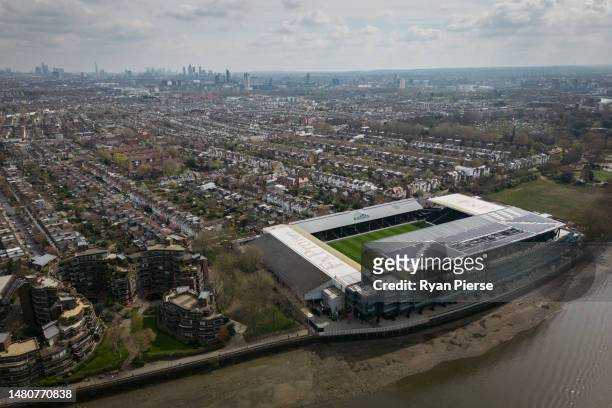 An aerial view of Craven Cottage ahead of the Premier League match between Fulham FC and West Ham United at Craven Cottage on April 08, 2023 in...