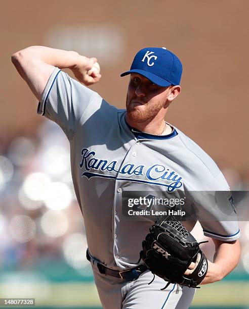 Nate Adcock of the Kansas City Royals pitches during the game against the Detroit Tigers at Comerica Park on July 7, 2012 in Detroit, Michigan. The...