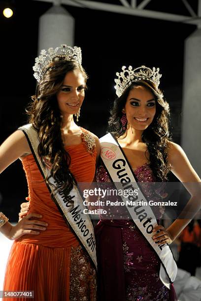 Mariana Berumen winner of the 2011 contest, and Elisa Espinoza, winner of the contest Our Beauty of Guanajuato 2012, pose for the photo, during the...