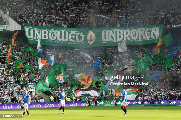 Celtic fans unveil a banner reading "unbowed, unbroken" during the Cinch Scottish Premiership match between Celtic FC and Rangers FC at Celtic Park...