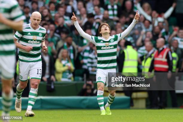 Kyogo Furuhashi of Celtic celebrates after scoring the team's first goal during the Cinch Scottish Premiership match between Celtic FC and Rangers FC...