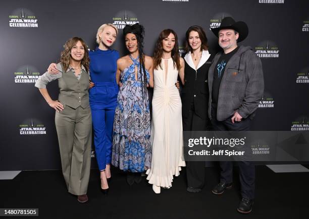 Diana Lee Inosanto, Ivanna Sakhno, Rosario Dawson, Natasha Liu Bordizzo, Mary Elizabeth Winstead and Dave Filoni attend the Ahsoka panel at Start...