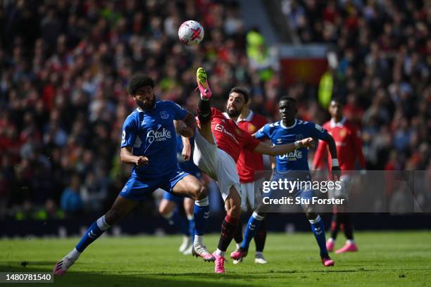 Bruno Fernandes of Manchester United controls the ball during the Premier League match between Manchester United and Everton FC at Old Trafford on...