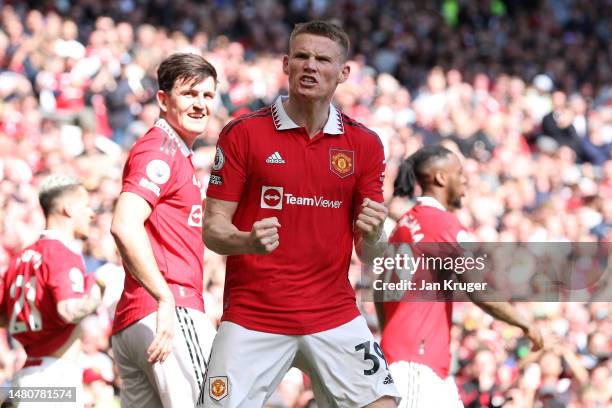 Scott McTominay of Manchester United celebrates after scoring the team's first goal during the Premier League match between Manchester United and...