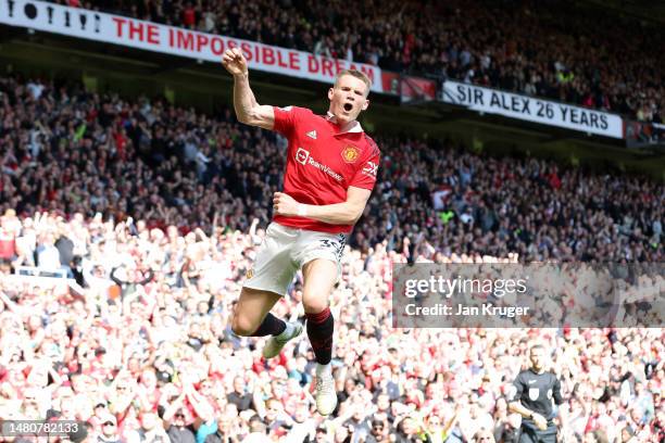 Scott McTominay of Manchester United celebrates after scoring the team's first goal during the Premier League match between Manchester United and...