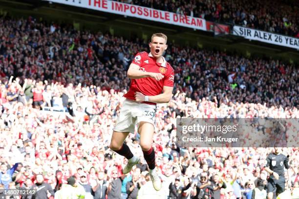 Scott McTominay of Manchester United celebrates after scoring the team's first goal during the Premier League match between Manchester United and...