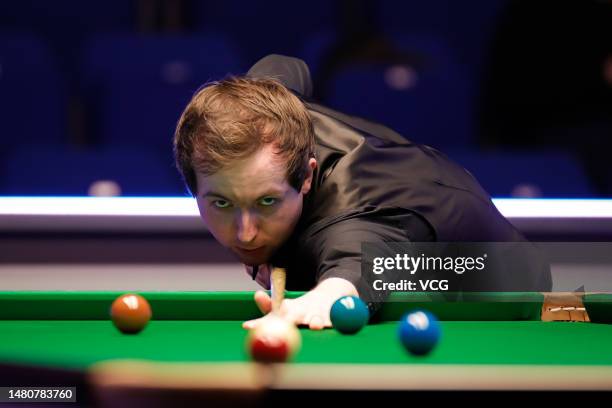 Scott Donaldson of Scotland plays a shot in the second round match against Liam Davies of Wales on day 5 of the Cazoo World Championship 2023...
