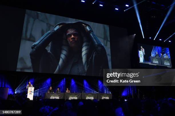 Chris Hewitt,Jon Favreau, Dave Filoni, Rosario Dawson onstage during the Ahsoka panel at the Star Wars Celebration 2023 in London at ExCel on April...