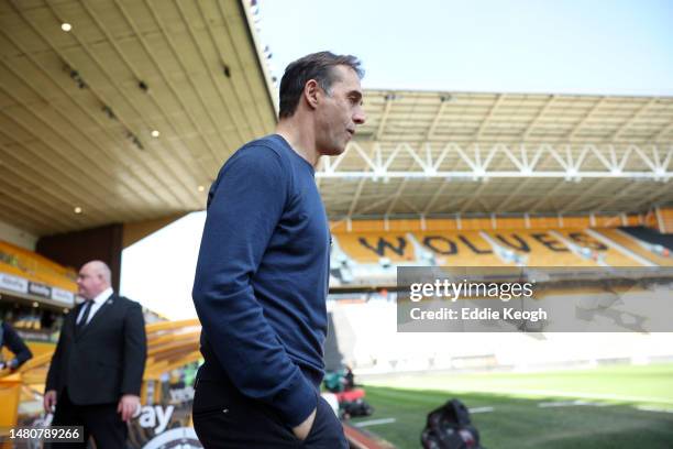 Julen Lopetegui, Manager of Wolverhampton Wanderers, walks out to inspect the pitch prior to the Premier League match between Wolverhampton Wanderers...