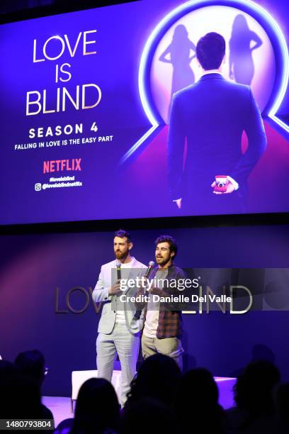 Cameron Hamilton and Cole Barnett speak onstage during a screening party as Love Is Blind Cast celebrates Netflix's first Live Reunion with the...