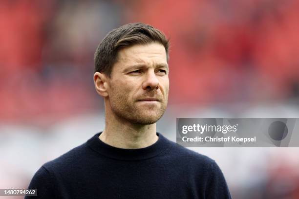 Xabi Alonso, Head Coach of Bayer 04 Leverkusen, looks on prior to the Bundesliga match between Bayer 04 Leverkusen and Eintracht Frankfurt at...