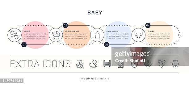 infographic template and line icon set of baby - changing nappy stock illustrations