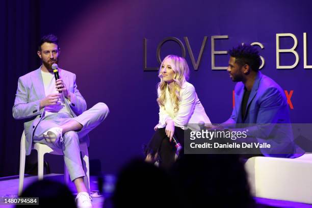 Cameron Hamilton, Chelsea Griffin and Brett Brown speak onstage during a Q&A as Love Is Blind Cast celebrates Netflix's first Live Reunion with the...