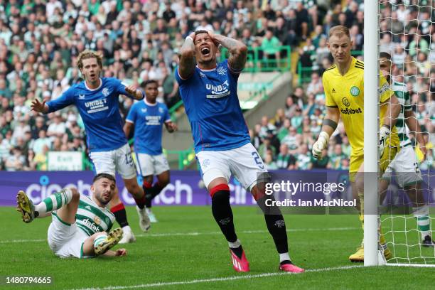 James Tavernier of Rangers FC reacts after a missed opportunity during the Cinch Scottish Premiership match between Celtic FC and Rangers FC at...