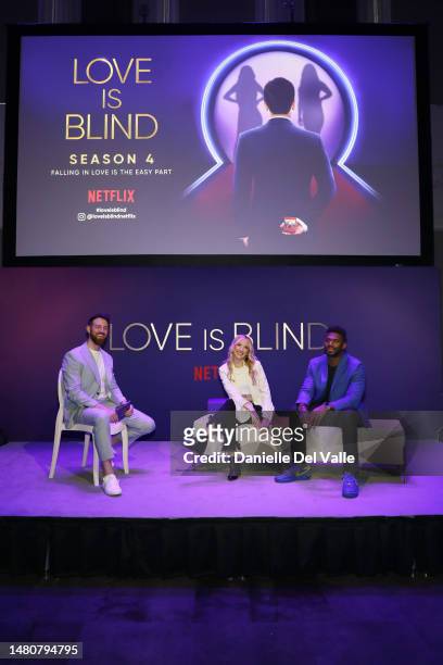Cameron Hamilton, Chelsea Griffin and Brett Brown speak onstage during a Q&A as Love Is Blind Cast celebrates Netflix's first Live Reunion with the...