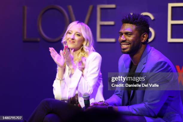 Chelsea Griffin and Brett Brown speak onstage during a Q&A as Love Is Blind Cast celebrates Netflix's first Live Reunion with the Iconic Pods in...