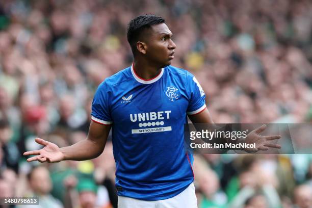 Alfredo Morelos of Rangers FC reacts during the Cinch Scottish Premiership match between Celtic FC and Rangers FC at Celtic Park on April 08, 2023 in...