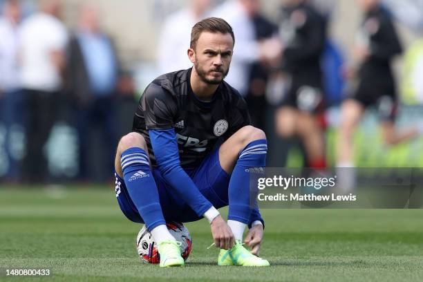 James Maddison of Leicester City warms up prior to the Premier League match between Leicester City and AFC Bournemouth at The King Power Stadium on...