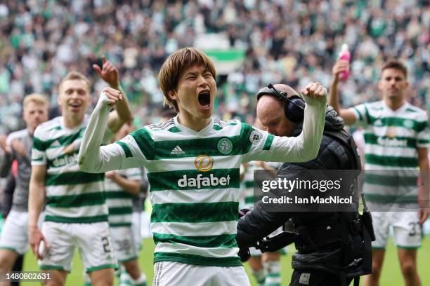 Kyogo Furuhashi of Celtic reacts after the Cinch Scottish Premiership match between Celtic FC and Rangers FC at Celtic Park on April 08, 2023 in...