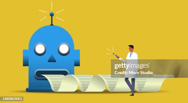 bildbanksillustrationer, clip art samt tecknat material och ikoner med robot generating endless text vector illustration - robot
