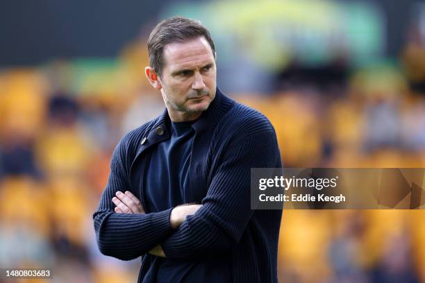 Frank Lampard, Caretaker Manager of Chelsea, looks on in the warm up prior to the Premier League match between Wolverhampton Wanderers and Chelsea FC...