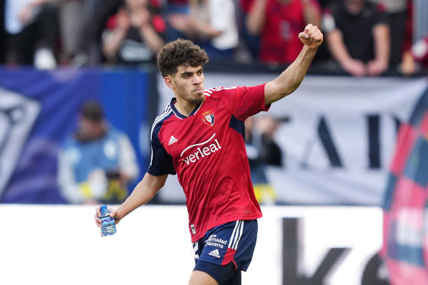 Abde Ezzalzouli of CA Osasuna celebrates after scoring their sides second goal during the LaLiga Santander match between CA Osasuna and Elche CF at...