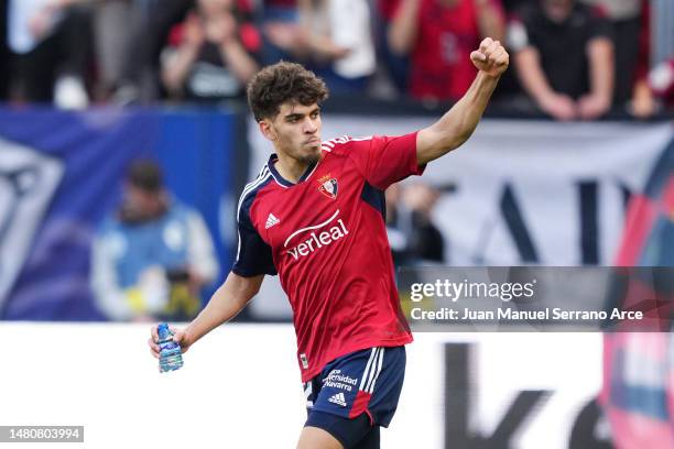 Abde Ezzalzouli of CA Osasuna celebrates after scoring their sides second goal during the LaLiga Santander match between CA Osasuna and Elche CF at...